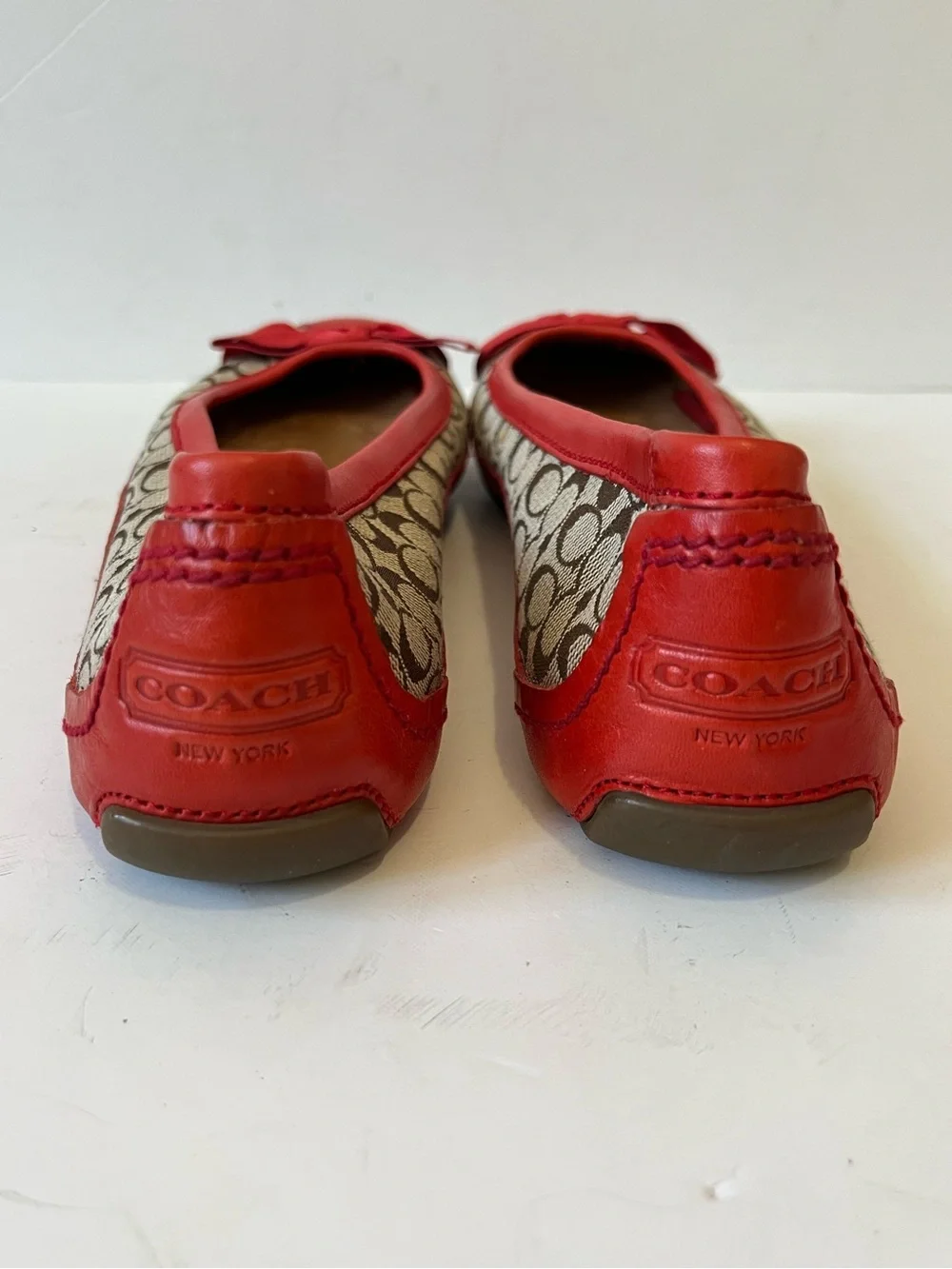 Coach Brown Signature Canvas Ballet Flats with Red Trim & Bow size 8.5B